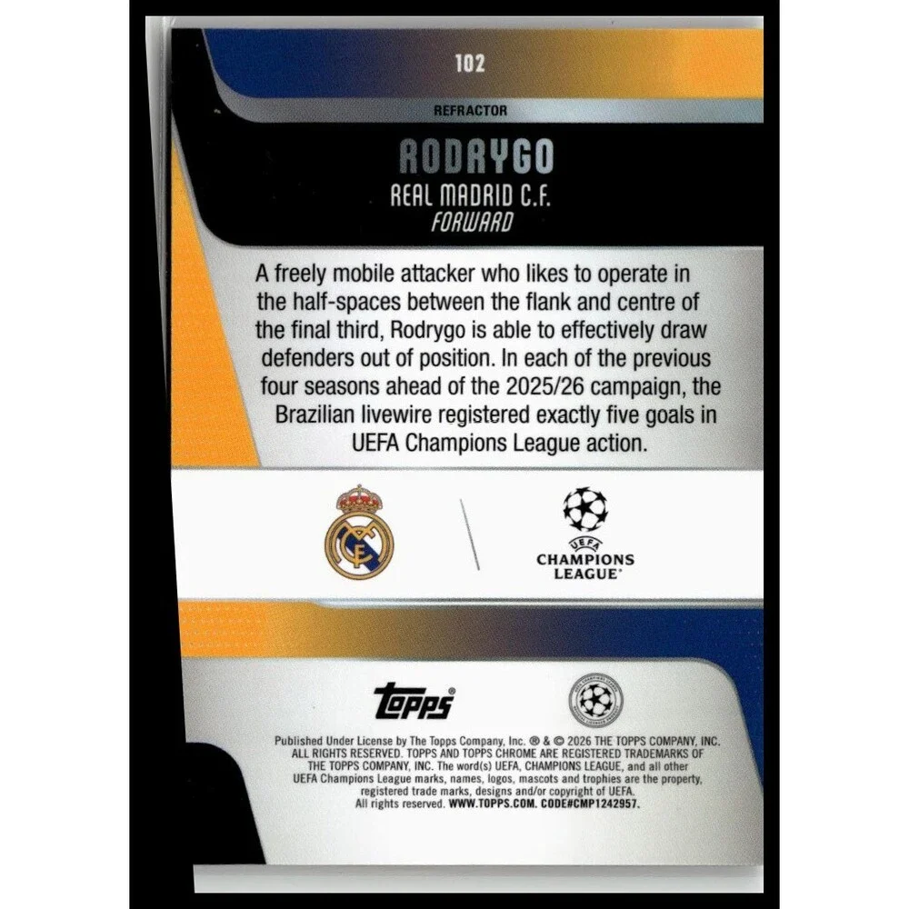 2025-26 Topps Chrome UEFA Rodrygo #102 Real Madrid CF Refractor